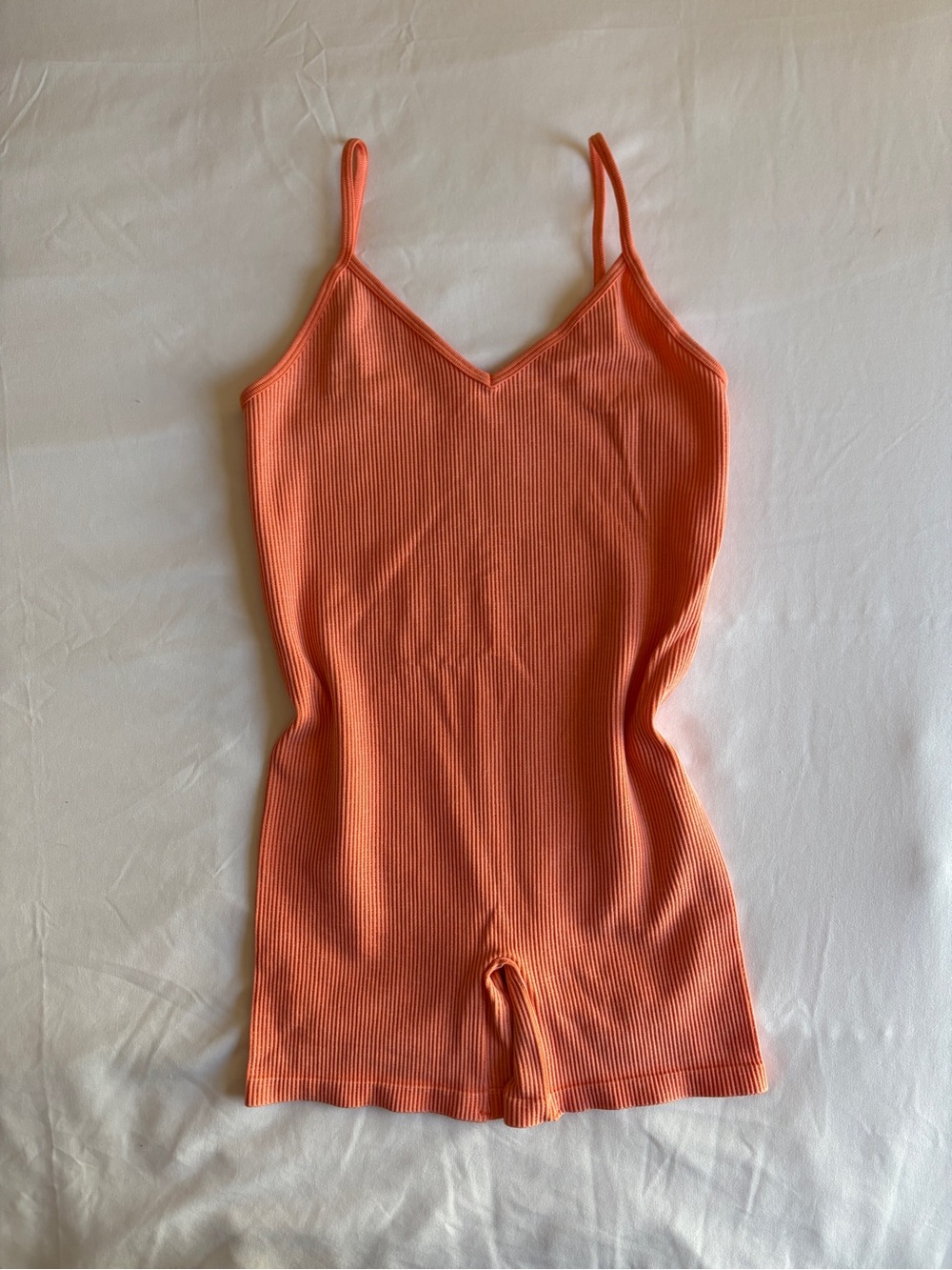 ANWND Orange Ribbed Spaghetti Strap Short Romper V-Neck Biker Playsuit Casual